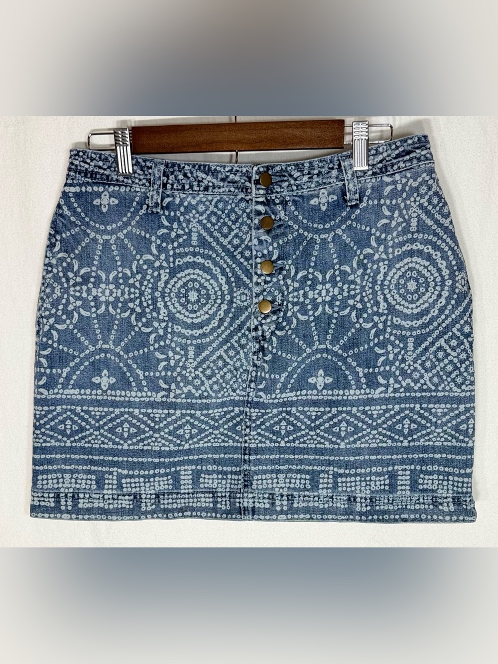 Free People Blue Printed Button-Front Denim Mini Skirt